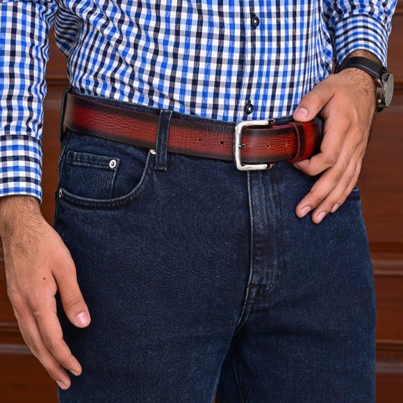 Full Grain Men's Vintage Sun Maroon Buffalo Leather Belt Free Personalization - Picture 10 of 14